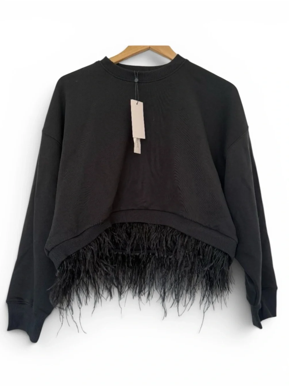 Cinq a Sept Albertine Black Sweatshirt with feather hem detail Size Medium - Picture 3 of 7